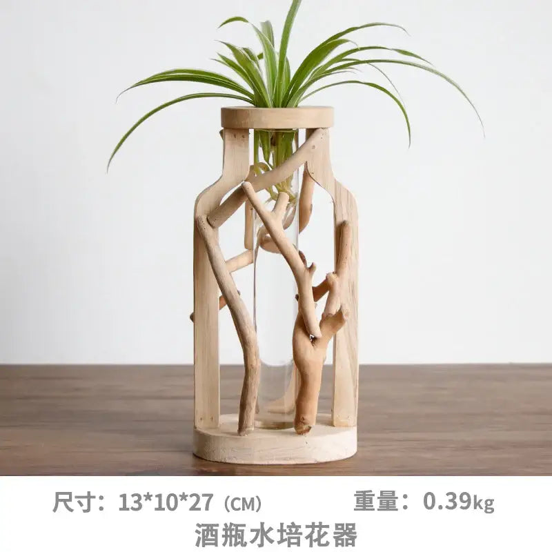 Natural handcrafted wooden vase with glass for living room home decor