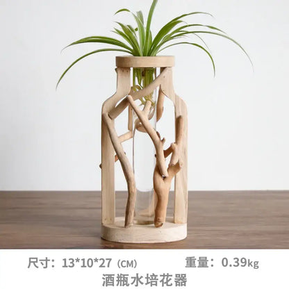 Natural handcrafted wooden vase with glass for living room home decor