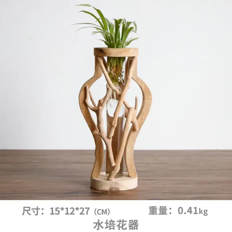 Natural handcrafted wooden vase with glass for living room home decor