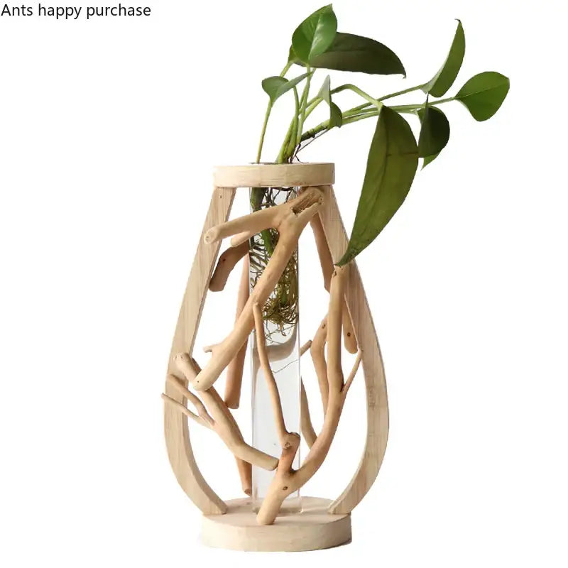 Natural handcrafted wooden vase with glass for living room home decor