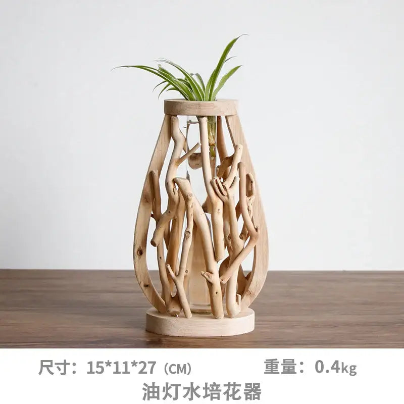 Natural handcrafted wooden vase with glass for living room home decor