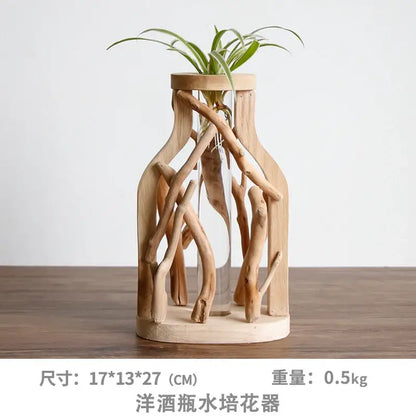 Natural handcrafted wooden vase with glass for living room home decor