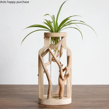 Natural handcrafted wooden vase with glass for living room home decor