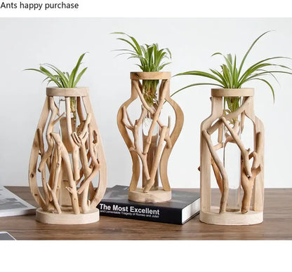 Natural handcrafted wooden vase with glass for living room home decor