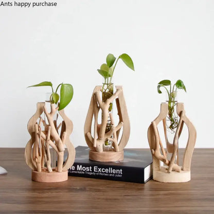 Natural handcrafted wooden vase with glass for living room home decor