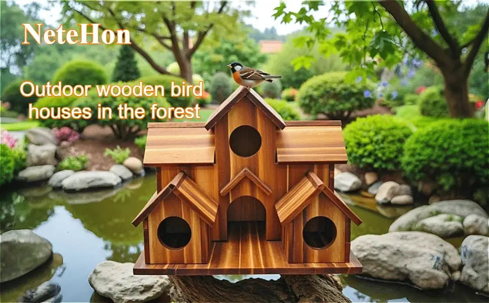 Rustic brown handmade 6-hole hanging bird house garden decor