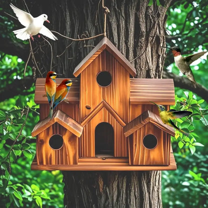 Rustic brown handmade 6-hole hanging bird house garden decor
