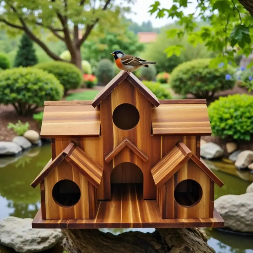 Rustic brown handmade 6-hole hanging bird house garden decor