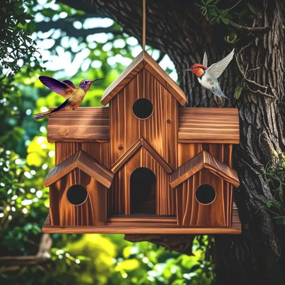 Rustic brown handmade 6-hole hanging bird house garden decor