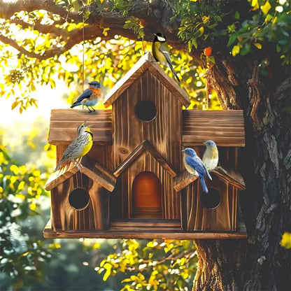 Rustic brown handmade 6-hole hanging bird house garden decor