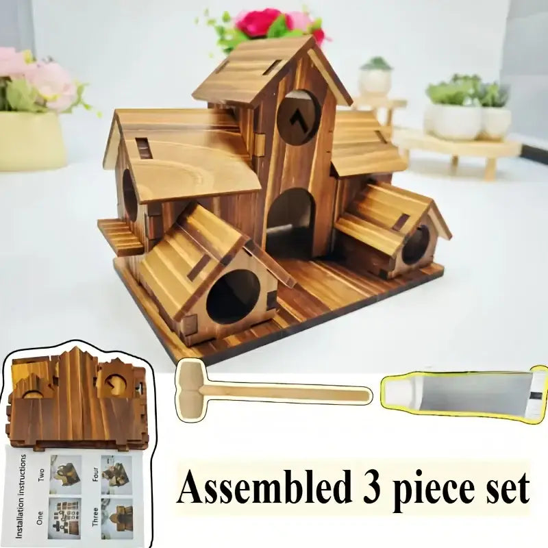 Rustic brown handmade 6-hole hanging bird house garden decor