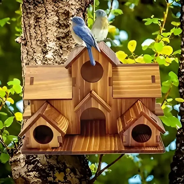Rustic brown handmade 6-hole hanging bird house garden decor