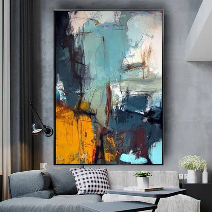 Handmade abstract oil painting blue & gold wall art living room