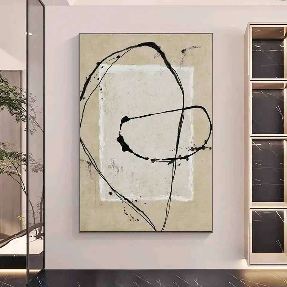 Handmade abstract oil painting blue & gold wall art living room
