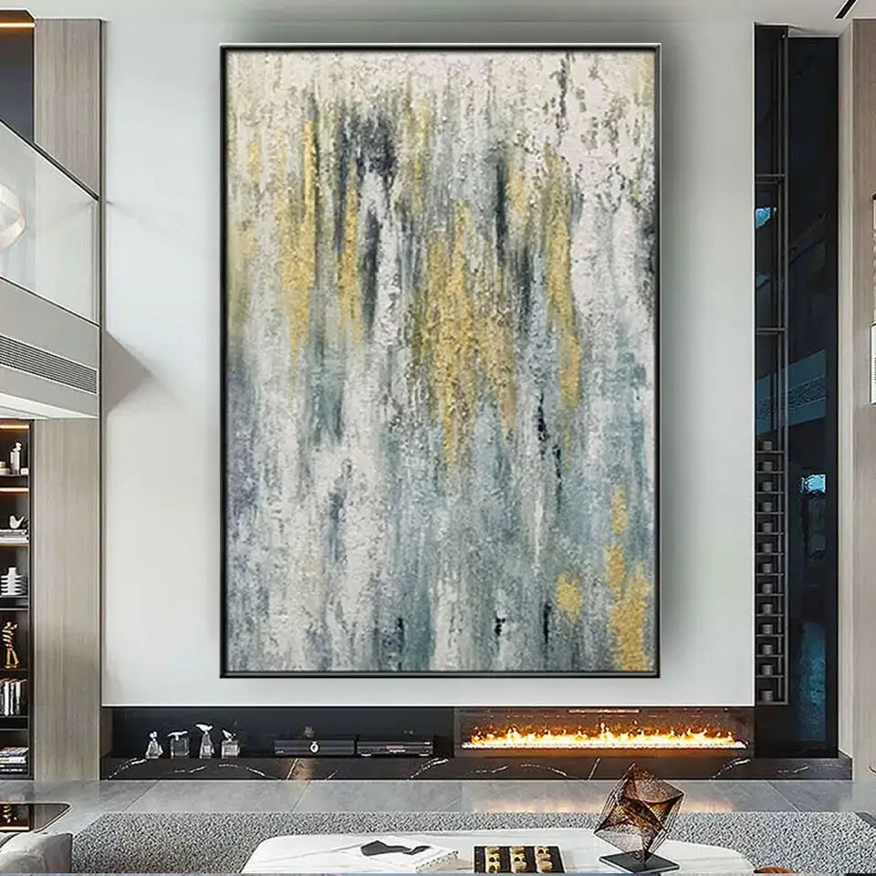 Handmade abstract oil painting blue & gold wall art living room