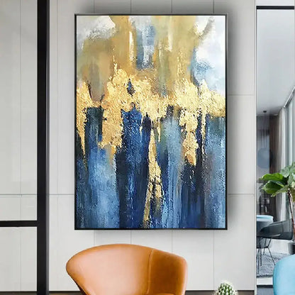 Handmade abstract oil painting blue & gold wall art living room