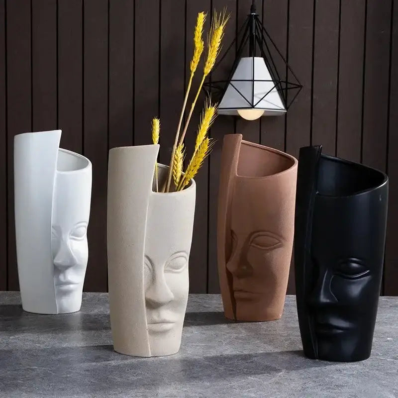 Handmade white ceramic face art vase sculpture living room decor