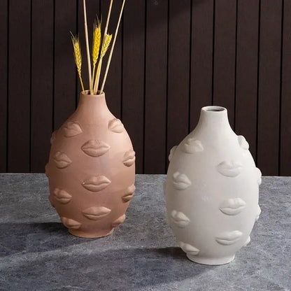 Handmade white ceramic face art vase sculpture living room decor