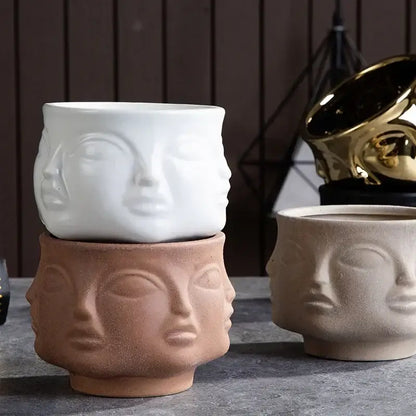 Handmade white ceramic face art vase sculpture living room decor
