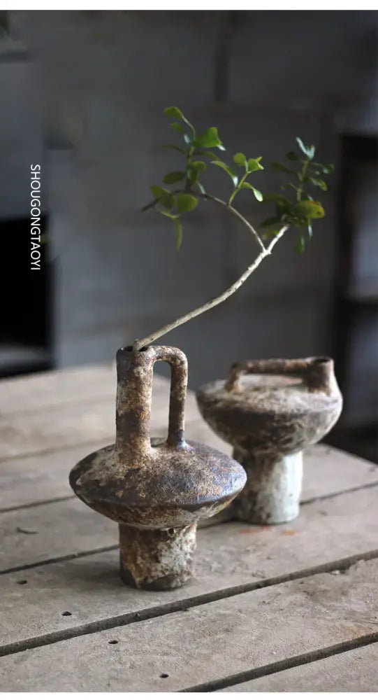 Rustic brown & gray handmade ceramic vase set living room decor