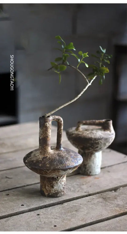 Rustic brown & gray handmade ceramic vase set living room decor