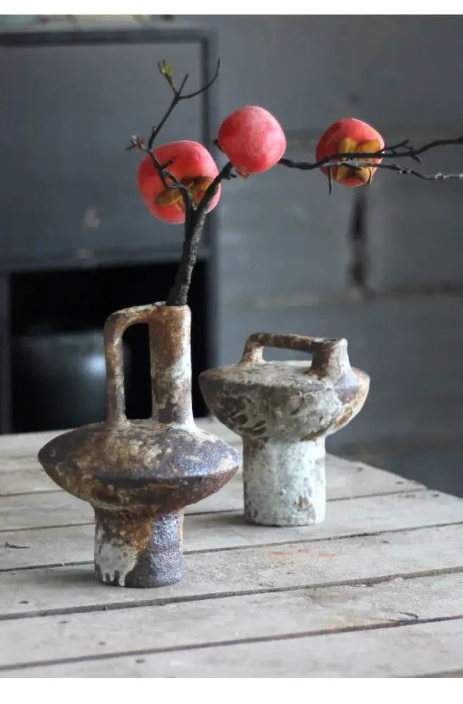 Rustic brown & gray handmade ceramic vase set living room decor