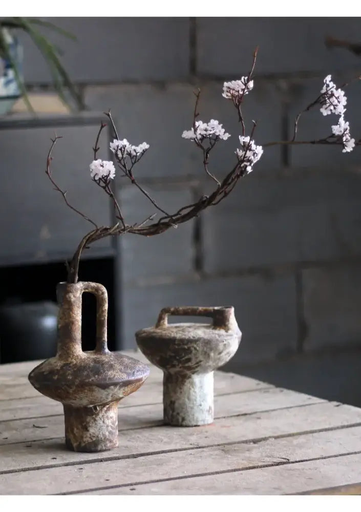 Rustic brown & gray handmade ceramic vase set living room decor
