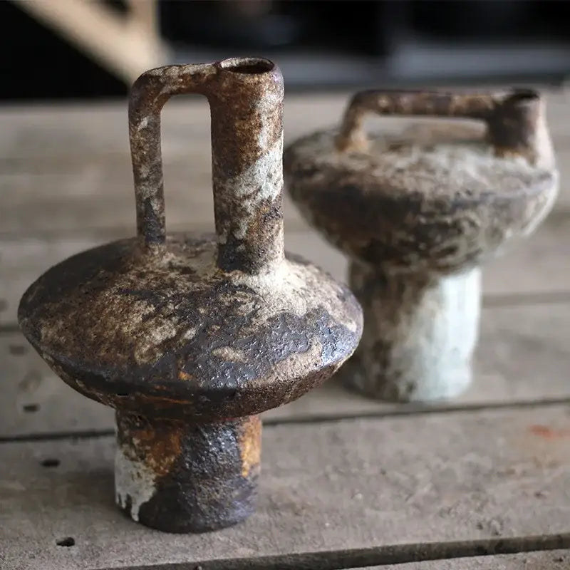 Rustic brown & gray handmade ceramic vase set living room decor