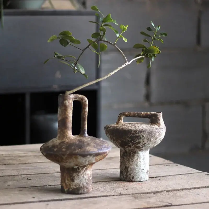 Rustic brown & gray handmade ceramic vase set living room decor