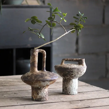 Rustic brown & gray handmade ceramic vase set living room decor