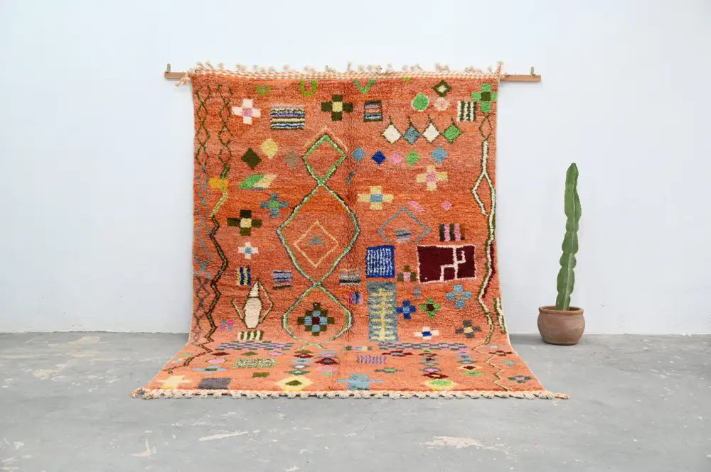 Handmade traditional azilal orange rug living room geometric carpet