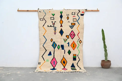 Handmade moroccan azilal rug beige colorful geometric living room