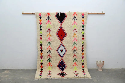 Handmade beige geometric moroccan azilal rug bedroom decor