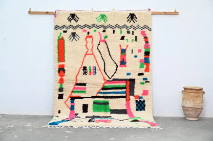 Handmade azilal rug with vibrant colors in natural wool living room