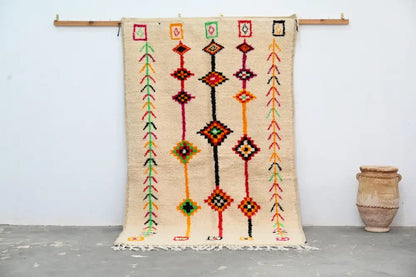 Handmade moroccan azilal rug beige geometric bedroom carpet