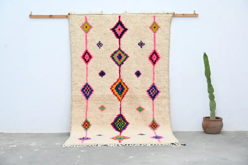 Handmade moroccan azilal rug beige colorful geometric bedroom decor