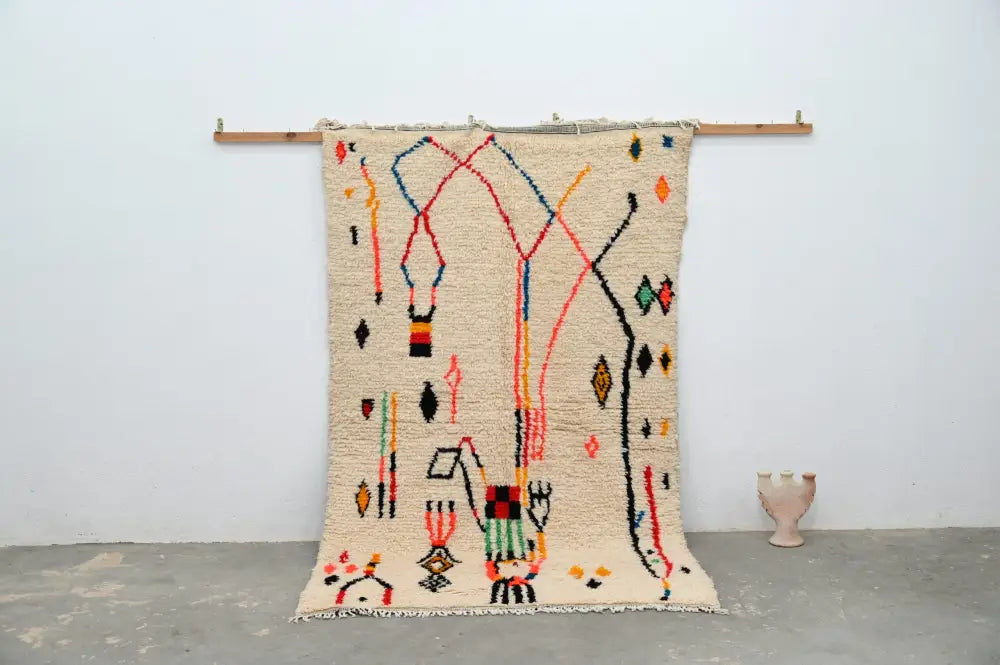 Handmade beige geometric moroccan azilal rug bedroom decor