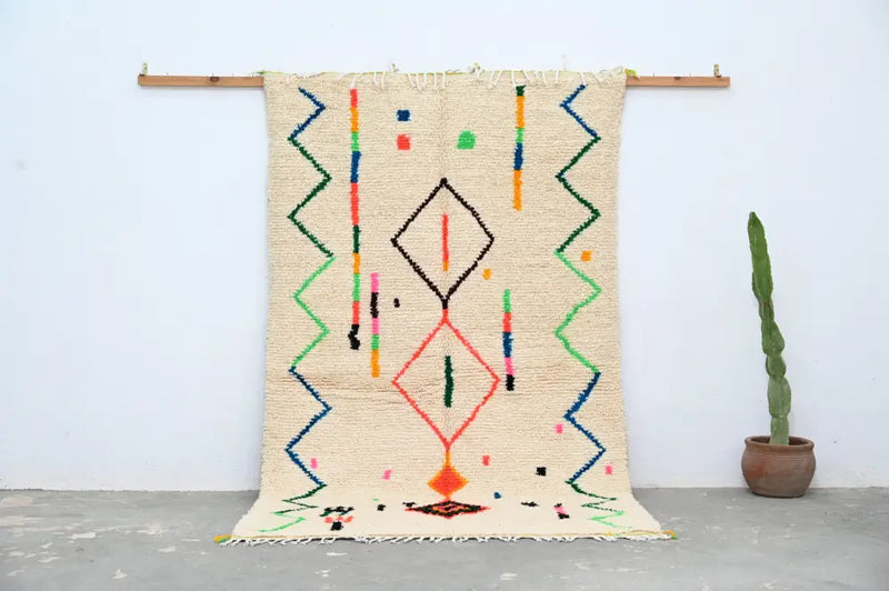Handmade beige moroccan azilal rug natural wool living room decor