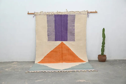 Handmade beige and purple azilal rug living room natural wool decor