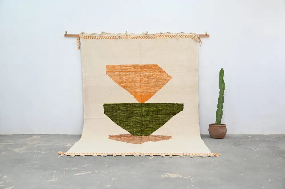 Handmade moroccan azilal rug beige and orange living room wall hanging