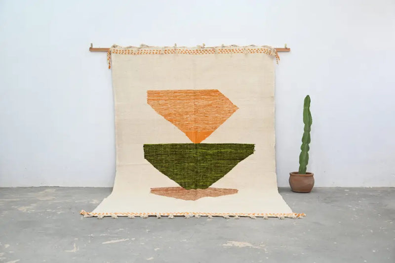 Handmade moroccan azilal rug beige and orange living room wall hanging