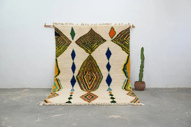 Handmade moroccan azilal rug beige geometric living room decor