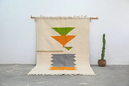 Handmade moroccan azilal rug beige geometric bedroom carpet