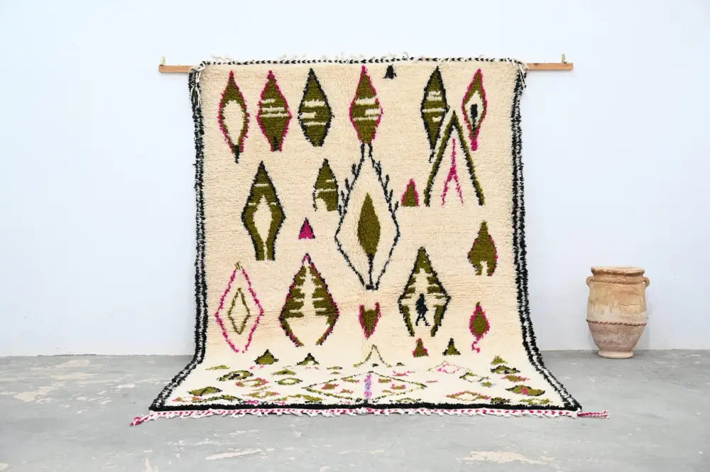 Handmade moroccan azilal rug beige and olive living room decor