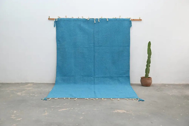 Handmade traditional azilal rug turquoise living room decor with tassels