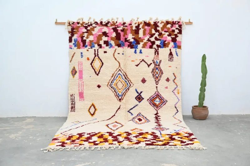 Handmade moroccan azilal rug beige geometric living room decor