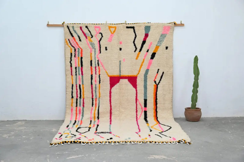 Handmade moroccan azilal rug beige abstract geometric bedroom decor