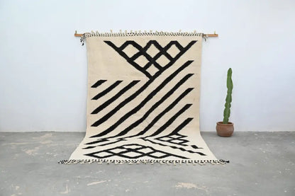 Handmade moroccan azilal rug beige & black wool living room decor