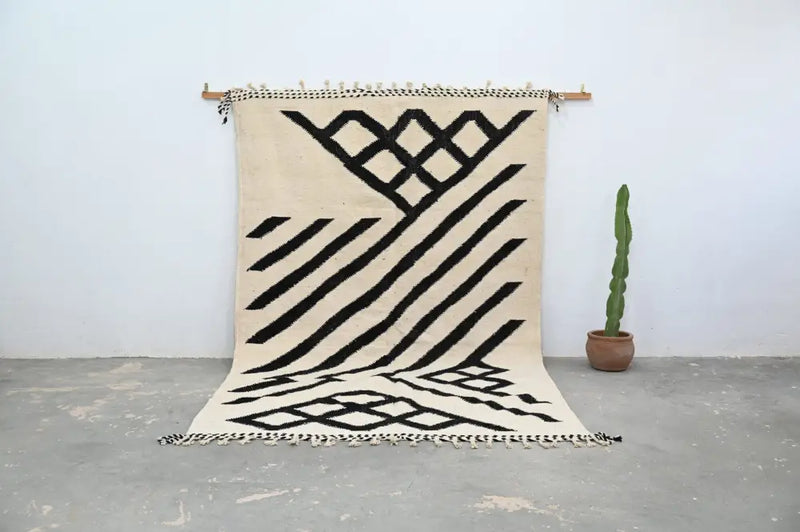 Handmade moroccan azilal rug beige & black wool living room decor