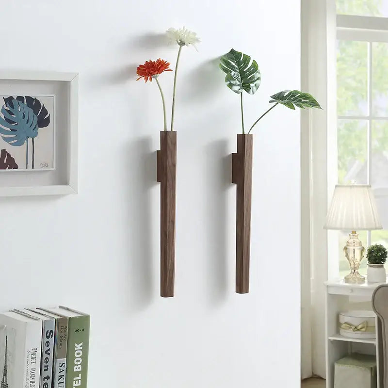 Handmade nordic dark wood wall vase living room solid wood decor